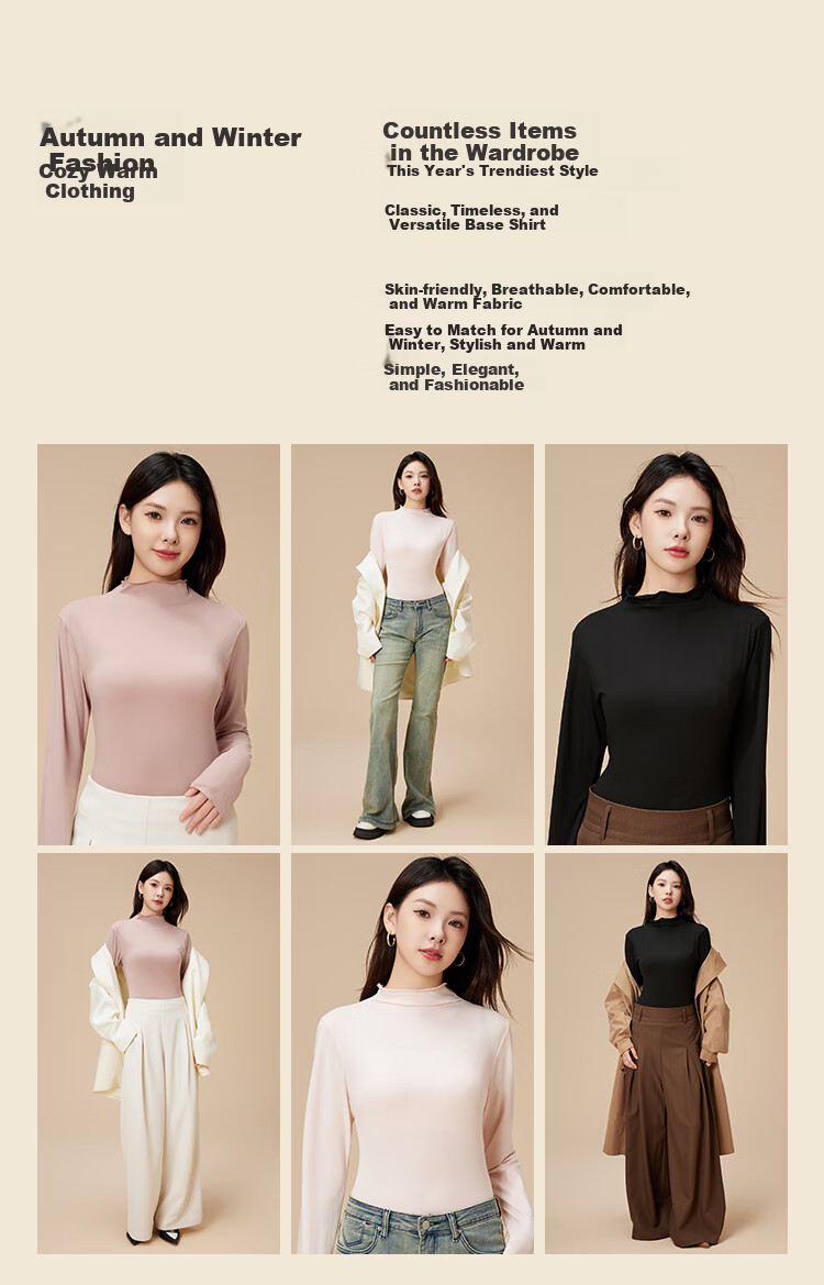 Ordifen Women's Turtleneck Base Shirt Autumn Winter Long Sleeve Ruffled Slim Fit Black M 2