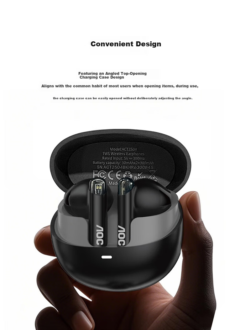 AOC Wireless Bluetooth In-Ear Earphones Long Battery Life Fast Charging for Apple Huawei Xiaomi OPPO Phones Sports Running Gaming ACT2504BK Black 3