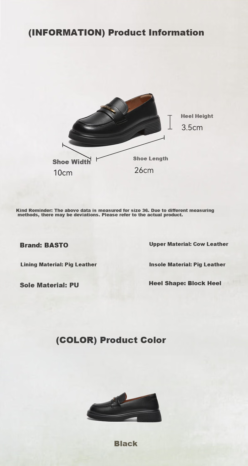 Basto Mall Same Style [Genuine Leather] College Style Loafers Chunky Heel Women's Shoes Black Size 35 16