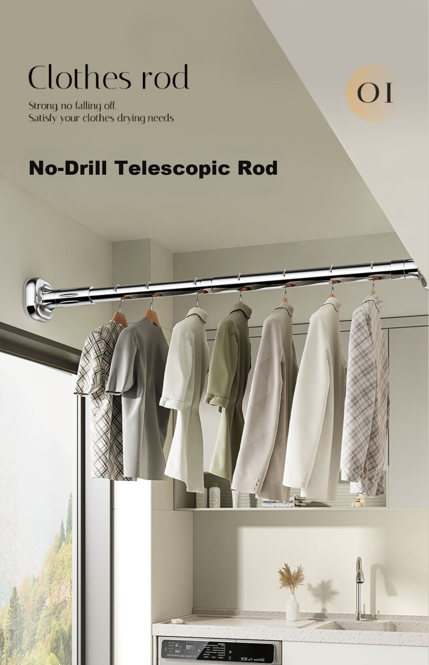 FK Retractable Clothes Drying Rod, No Drilling Required, Bathroom Drying Rack, Stainless Steel Bathroom Support Rod, Square 0.9~1.6 Meters 1