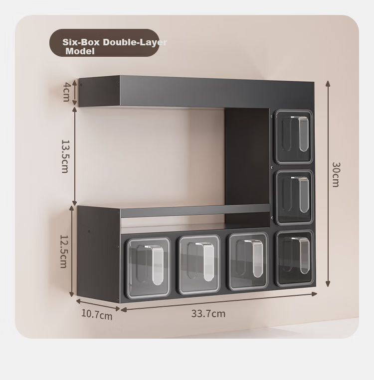 Jiabangshu Spice Rack Kitchen Multifunctional Seasoning Box Storage Shelf No-Drill Wall-Mounted Organizer 6-Box Gun Gray 14