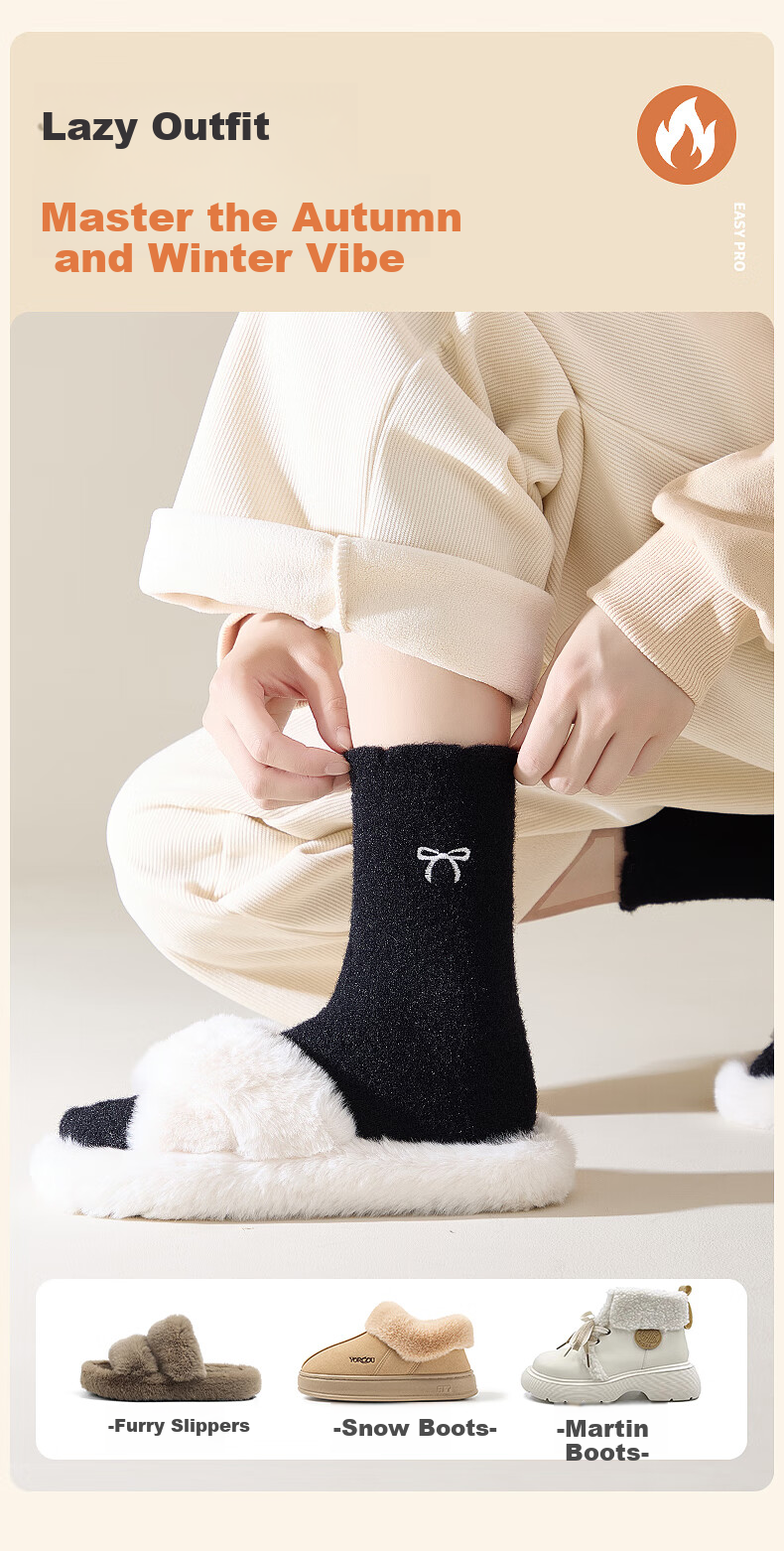 Eve's Elegance Women's Mid-Calf Autumn Winter Thickened Australian Wool Warm Socks with Lace and Bowknot, 4 Pairs Home Sleep Socks 9
