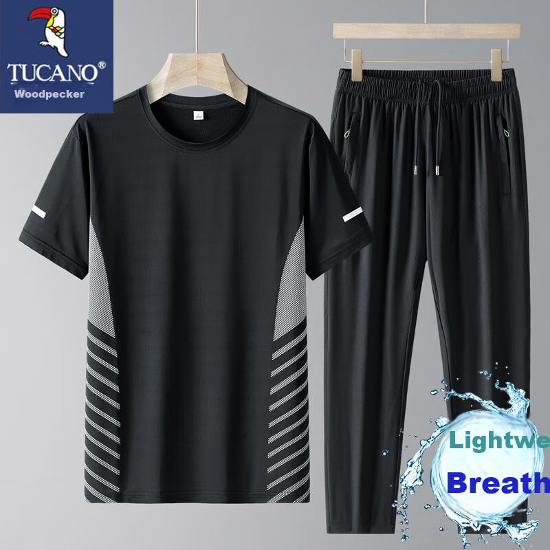 TUCANO Men's Summer Thin Ice Feeling Breathable Crew Neck T-Shirt and Casual Sports Pants Two-Piece Set Black XL