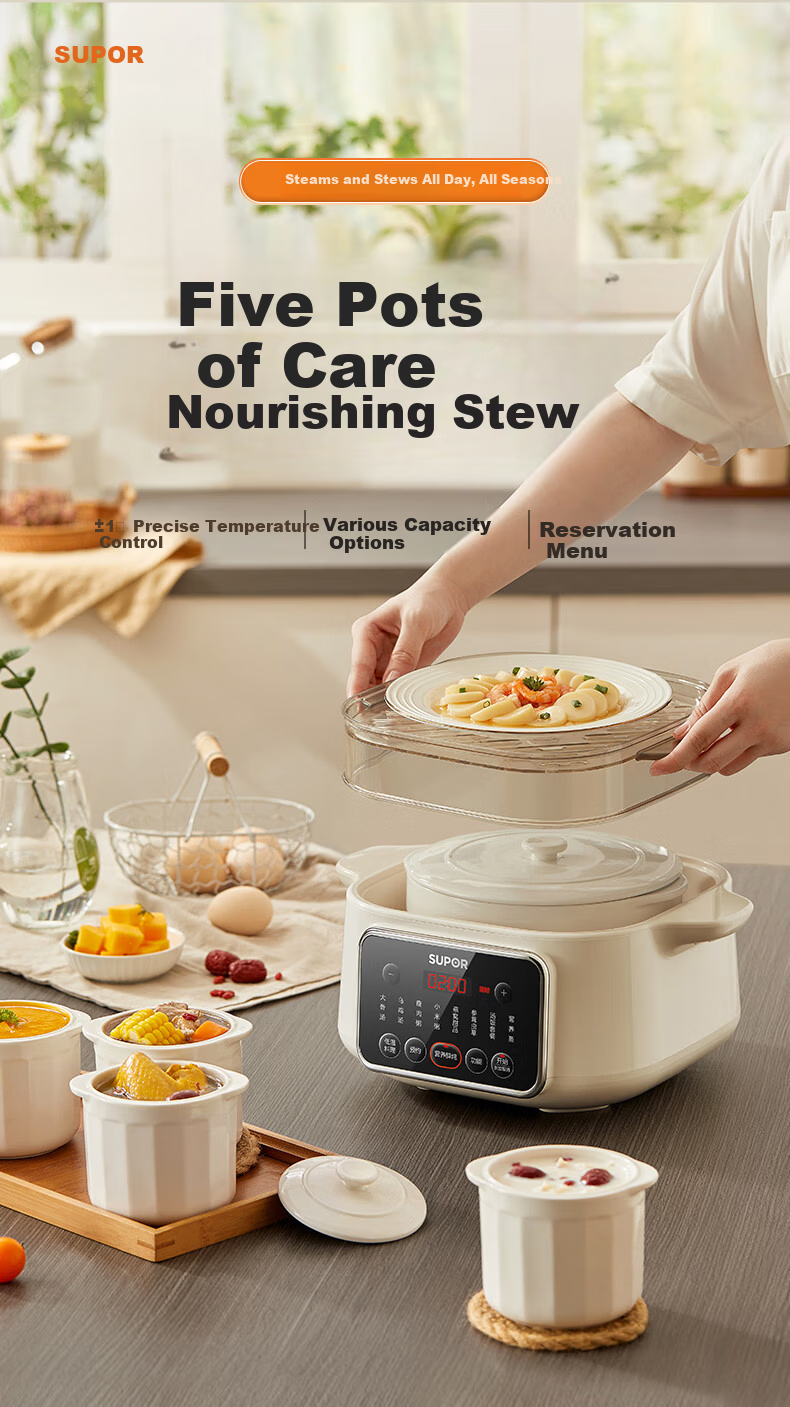 SUPOR Electric Stew Pot, Water Bath Stewing Cooker, Household Porridge and Soup Pot, Bird's Nest Stew Pot with White Ceramic Inner Pot, Steaming and Stewing DZ25FC859 2.5L Multifunctional Cooker 3