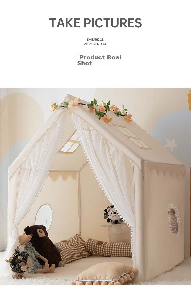 Mushroom Elephant Kids Tent Indoor Playhouse Birthday Gift Beige House PVC Poles Medium Size + Thick Cotton Mat + Bouquet + Bunting Flags 16