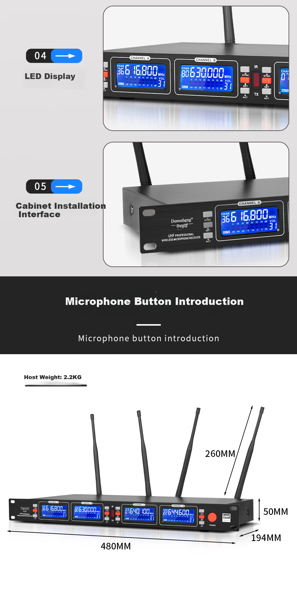 Depusheng DR688 Professional Wireless Microphone System One Transmitter Four Receivers UHF FM Microphone 100m Transmission 200 Channels Anti-Interference for Stage Performance Speech Live Streaming KT 13