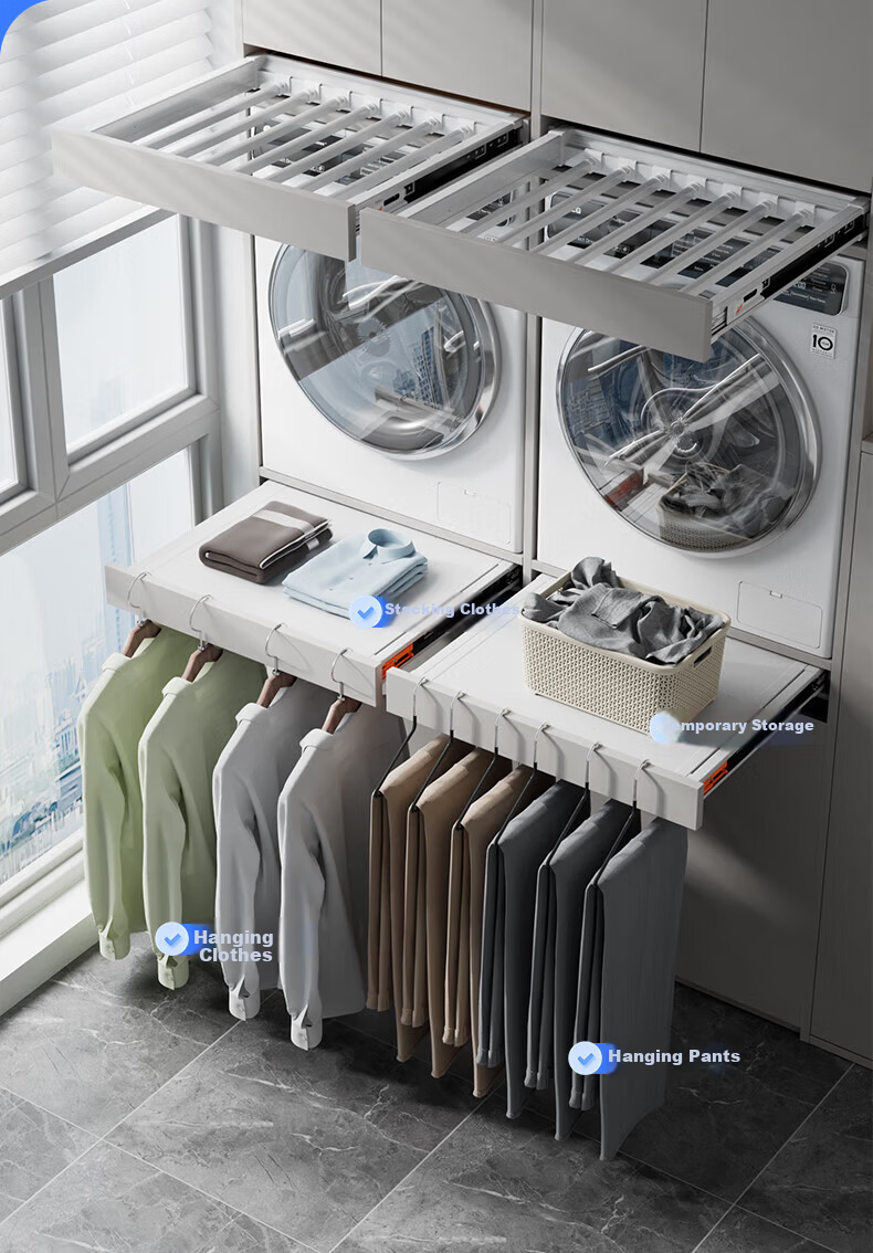Cobbe Washing Machine Invisible Retractable Clothes Drying Rack with Damping, Top Panel Addable, Balcony Clothes Rack, Model 48, Gray 9