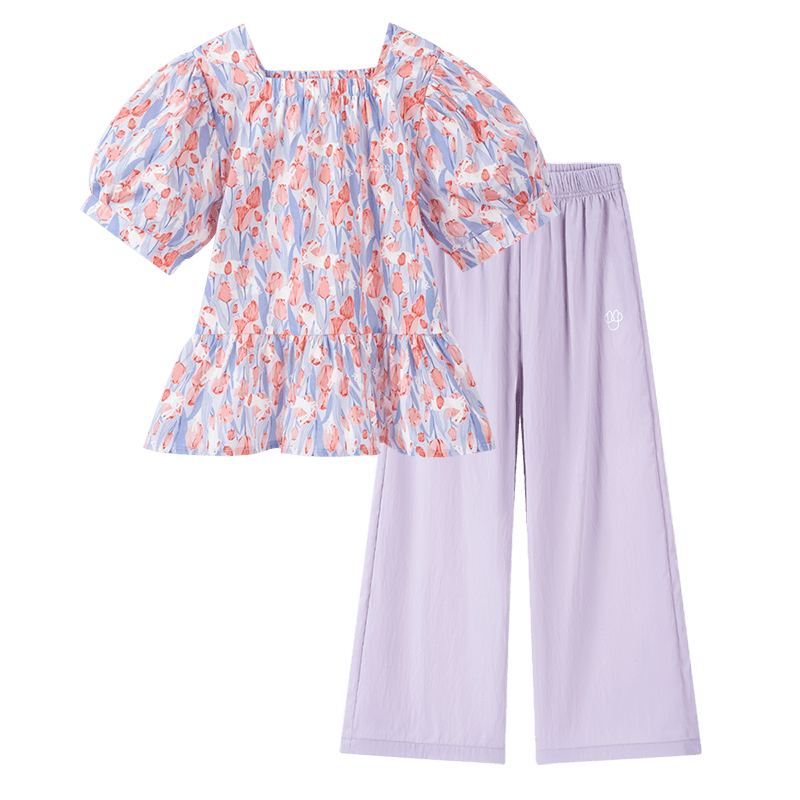 Disney Girls Short Sleeve T-Shirt Set Summer Floral Cotton Top Two-Piece Light Purple 110