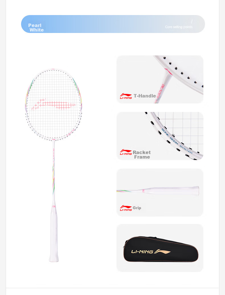 Li-Ning Badminton Racket, Thunder Small Steel Cannon, Full Carbon Fiber, Offensive Type, Ultra-Light High Tension Single Racket, White, 4U, Pre-Strung 10