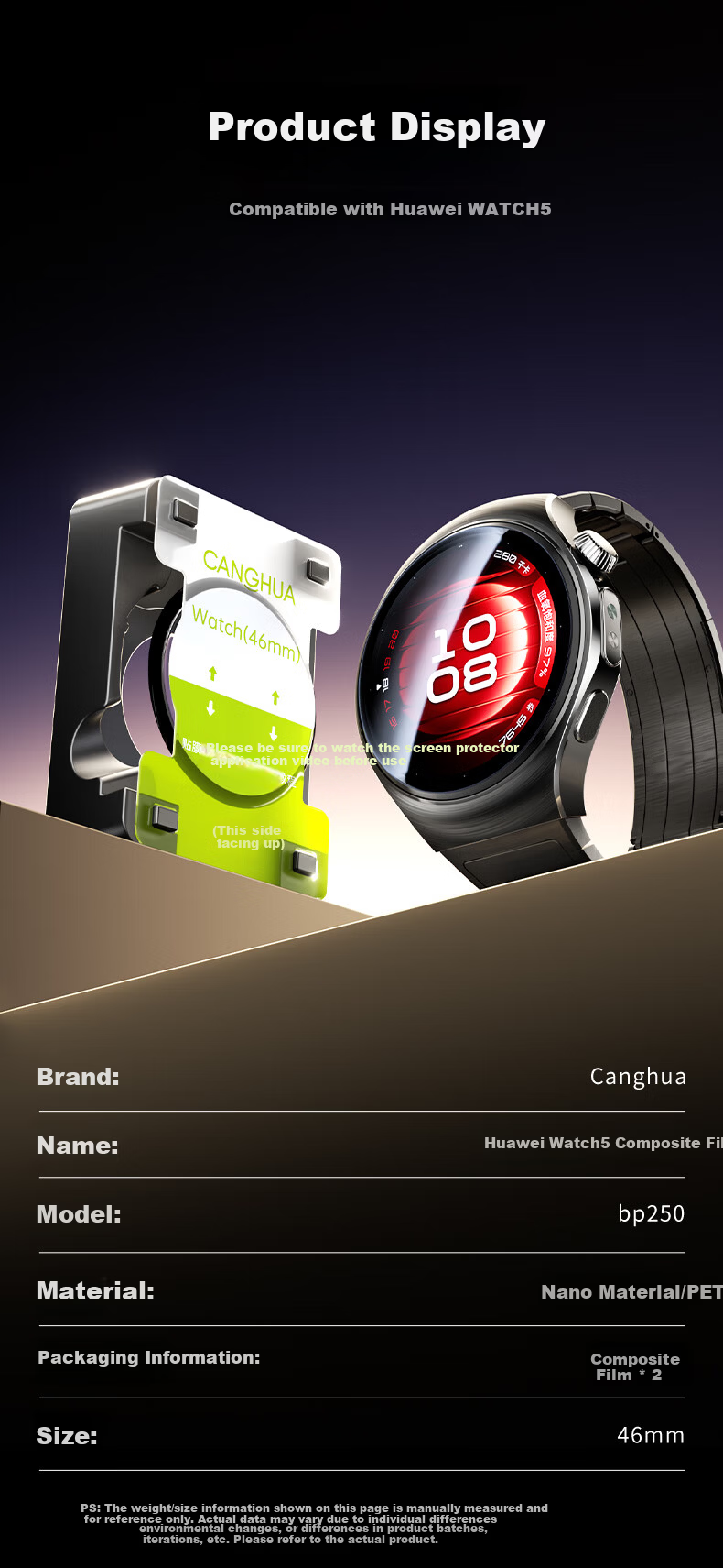 CangHua 2-Pack Screen Protector for Huawei Watch 5 42mm - Non-Tempered Full Coverage Anti-Scratch Shockproof Film with Easy One-Press Installation 10