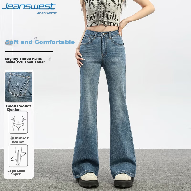 Jeanswest Women's Summer American Vintage High-Waist Slim Fit Flared Bootcut Retro Blue Jeans XL