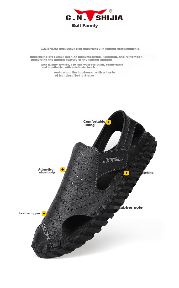 Bull Family Leather Sandals Summer Beach Shoes Men's Driving Outdoor Casual Trendy Soft Leather Soft Sole Handmade Hole Sandals 3