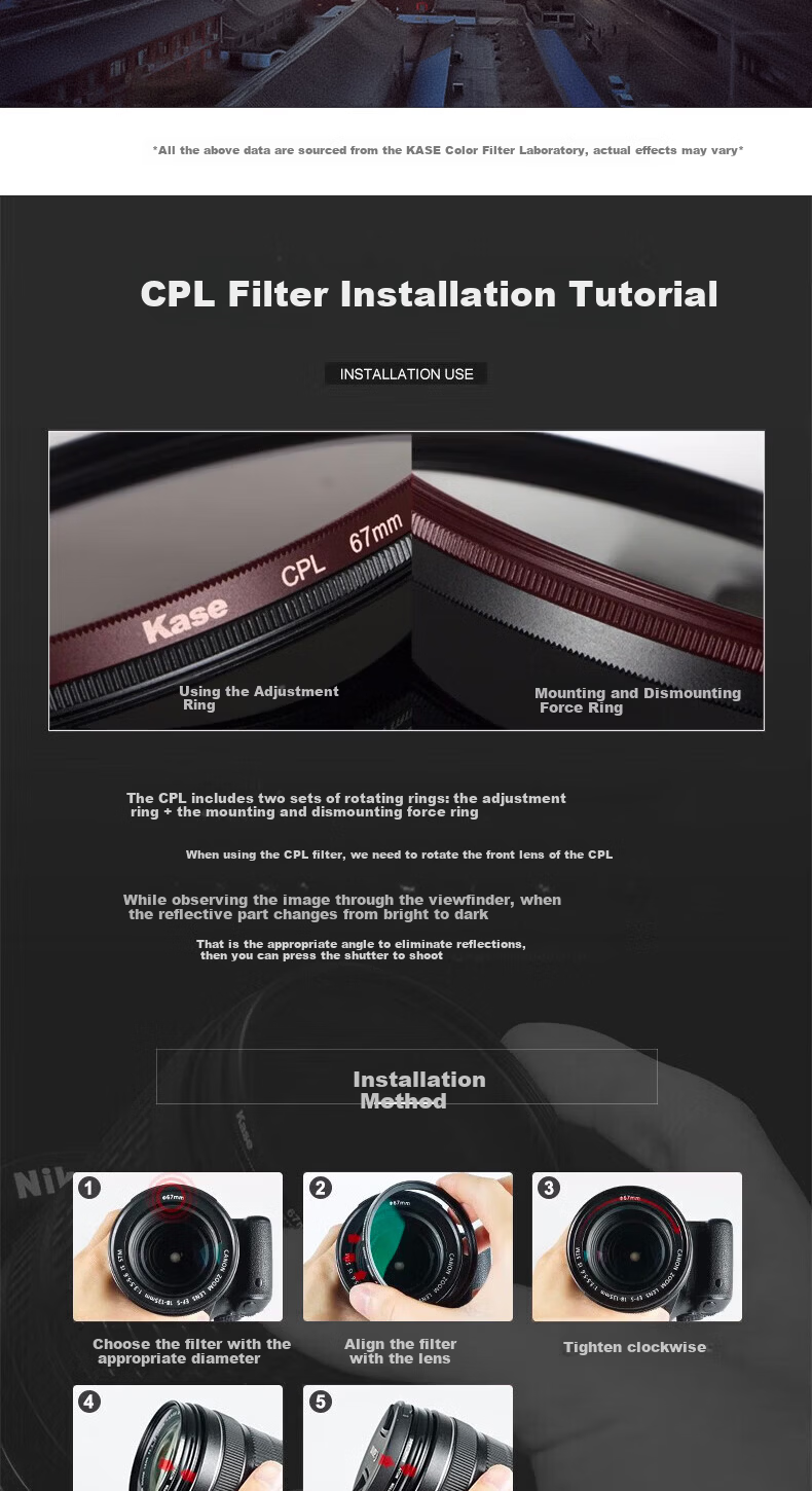 Kase CPL Polarizing Filter Third Generation, CPL III 62mm, Polarizer, Light-Filtering Lens, High Clarity, High Transparency, Low Reflection, Eliminates Glare, Increases Saturatio 9