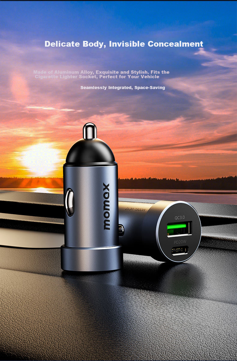 MOMAX 30W Dual-Port Car Charger, Cigarette Lighter Adapter, Super Fast Charging Converter Plug, Compatible with Apple 16 Huawei/Xiaomi, Two-In Deep Space Gray 6