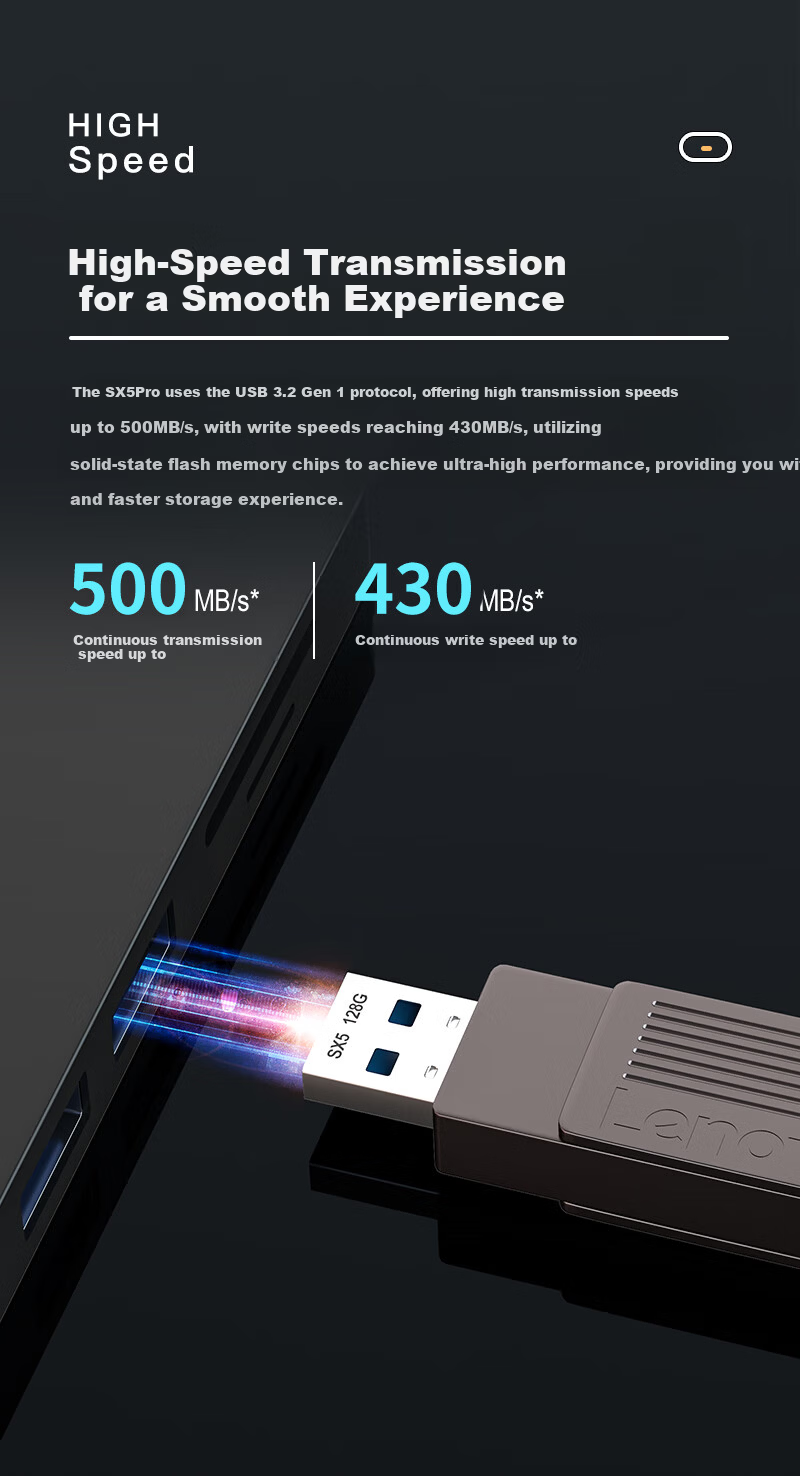 Lenovo 128GB Solid State USB Flash Drive Type-C/USB3.2 Dual Interface Rotating USB Drive for Mobile and PC 500MB/s Read Speed SX5Pro Series Gray 6