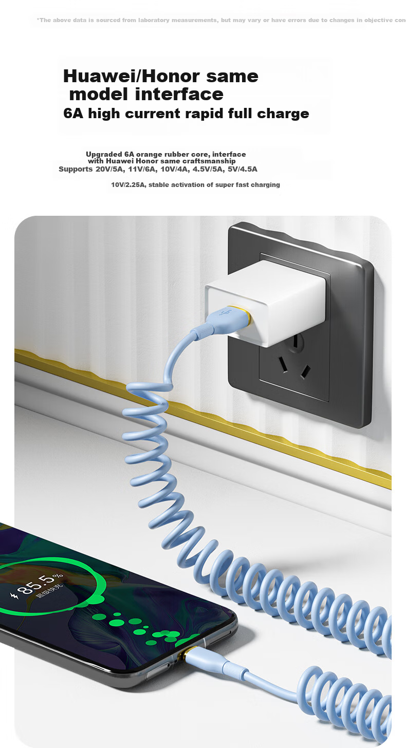 ZiTai Type-C Car Spring Retractable Charging Cable 100W Fast Charge for Huawei Honor Xiaomi Phones 1.2m Blue 6