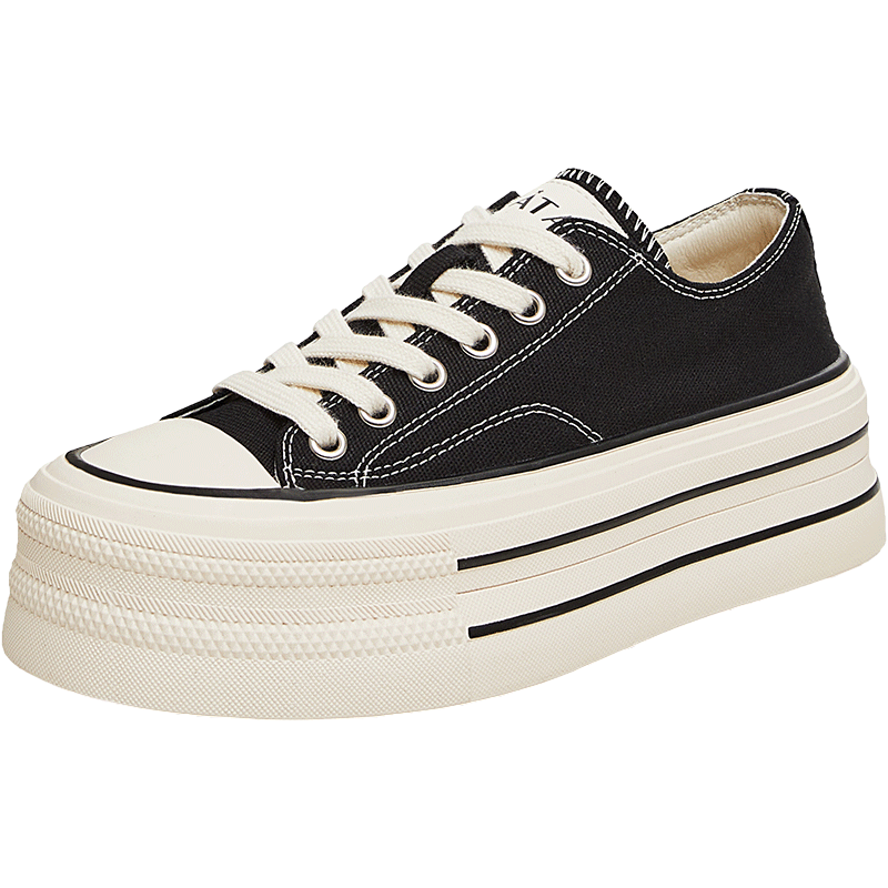 TATA Rainbow Thick-Soled Canvas Shoes for Women, Breathable Black Sneakers, Casual White Shoes WP801AM5 Black, Size 37