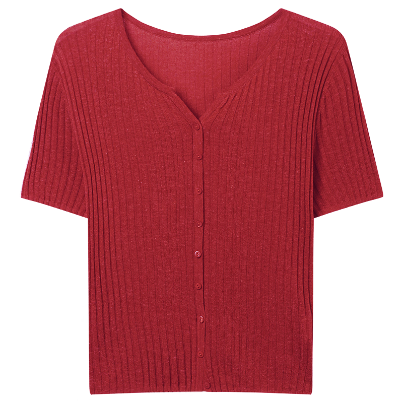 Yixiang Liying Solid Color Short Sleeve Linen Knit Top Women's New Soft Skin-Friendly Shoulder Fitting Inner Shirt Cherry Red M