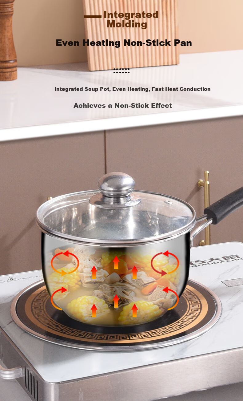 BSITN 20cm Stainless Steel Milk Pot with Steamer Thickened Small Soup Pot Non-Coated Milk Heating Pot Gas Stove Compatible 3618 6
