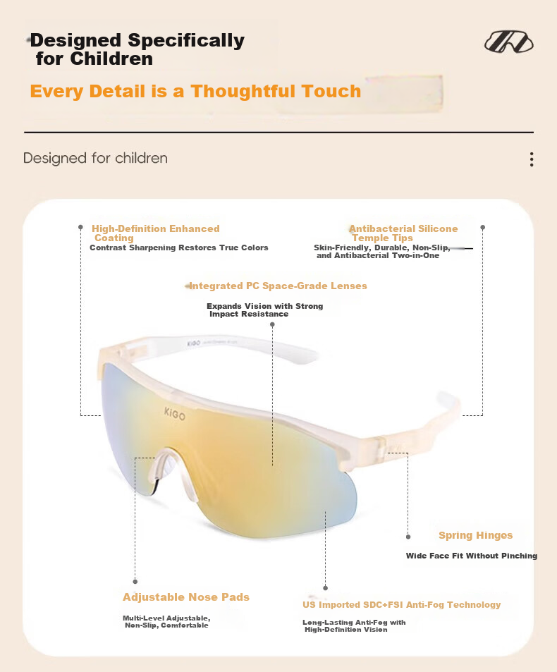 Kigo Kids Sports Glasses Unisex Running Mountaineering Protective Goggles Cycling Windproof Anti-Fog Sunglasses 6-12 Champagne Gold 8