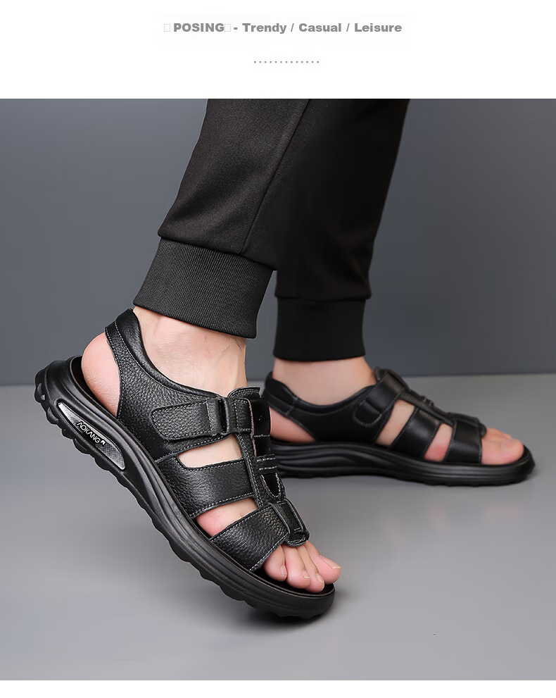 Aokang First Layer Cowhide Men's Sandals Beach Shoes Cowhide Trendy Middle-aged and Elderly Dad Leather Sandals Black 41 5