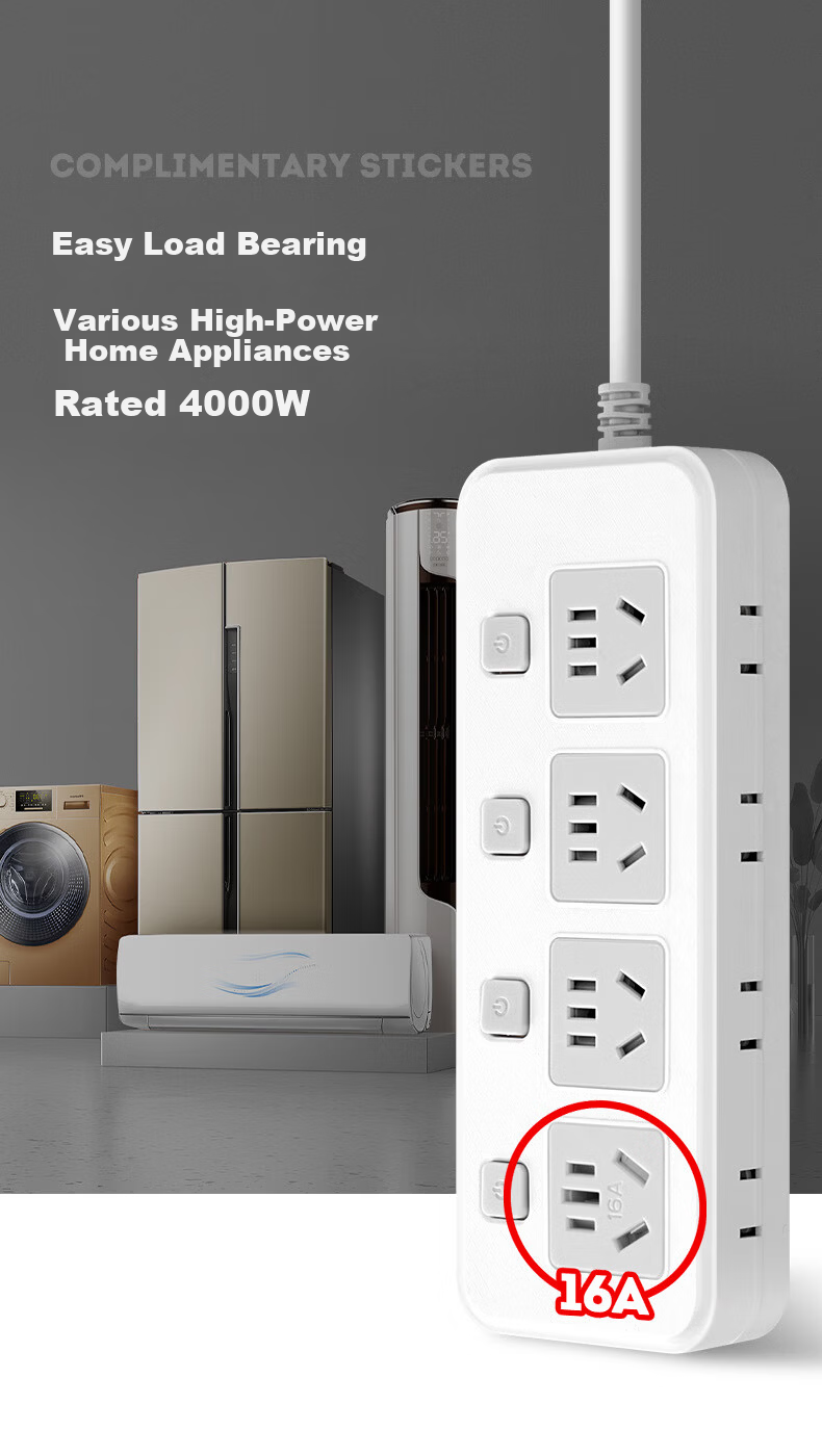 Sushiermo 10A to 16A + 10A 4KW High Power Conversion Plug/Power Strip/Extension Board with 8-Position Independent Switch 2.8m Cord for Air Conditioner/Water Heater 3