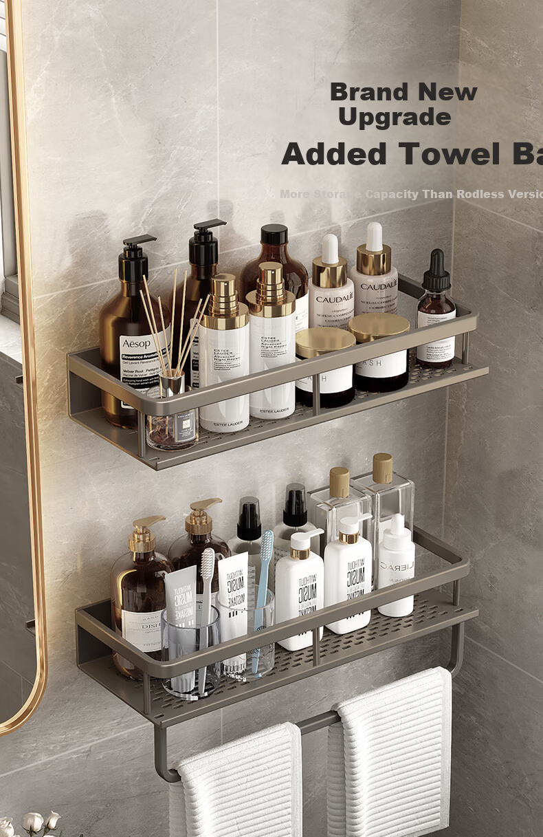 Tiger Mister Bathroom Shelf No-Drill Space Aluminum Bathroom Storage Rack Washstand Storage Basket Towel Bar 40CM 3