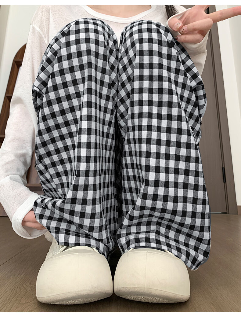 Borui Plaid Casual Pants for Women 2026 New Spring Summer Lightweight Loose Wide-Leg Pants Black XL 24