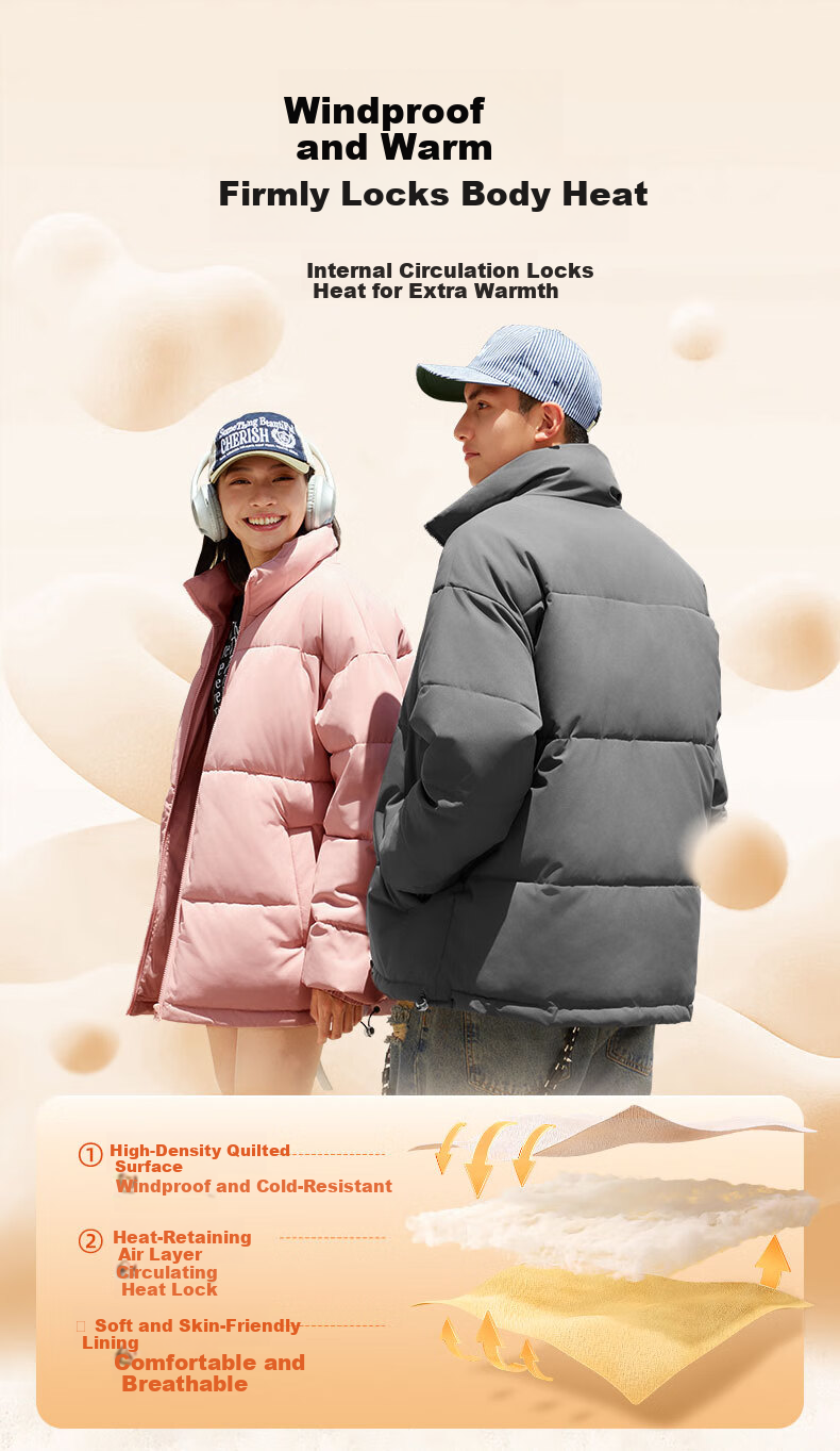JEANSWEST LIFE Men's Fleece-Lined Stand Collar Cotton Jacket Winter Windproof Cold-Resistant Puffer Coat Loose Warm Student Campus Cotton-Padded Jacket 6