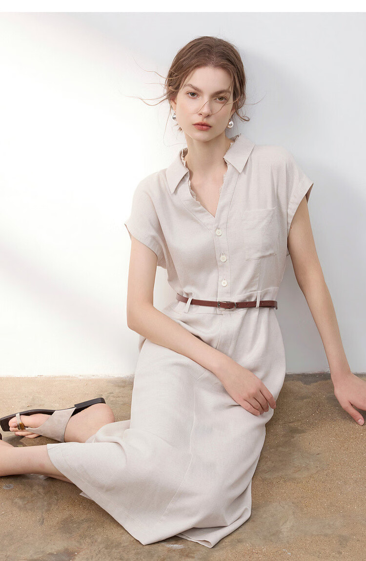 Demana Summer Elegant Lace Splice V-Neck Waist-Slimming Slit Mid-Length Dress with Natural Linen 21