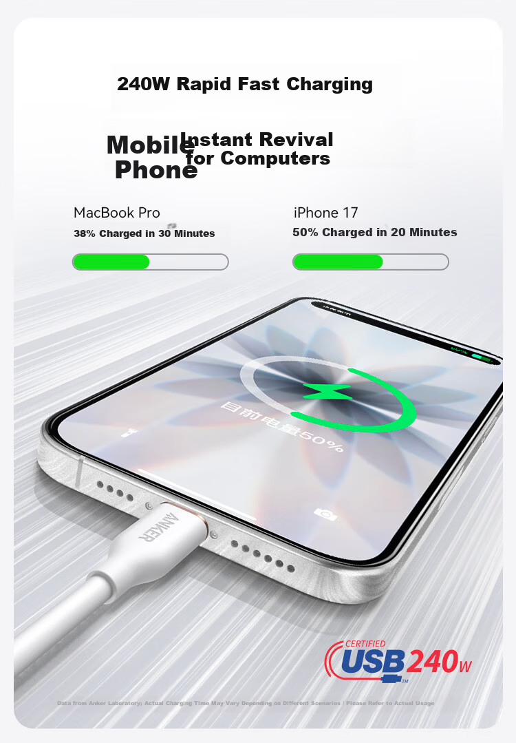 ANKE 240W Apple Charging Cable, Dual Type-C Data Cable, Compatible with IPhone 18 Pro Max/17/16, Computers, Huawei, DJI Pocket 4/3, Skin-Friendly Fast Charging Cable, 0.9m 3