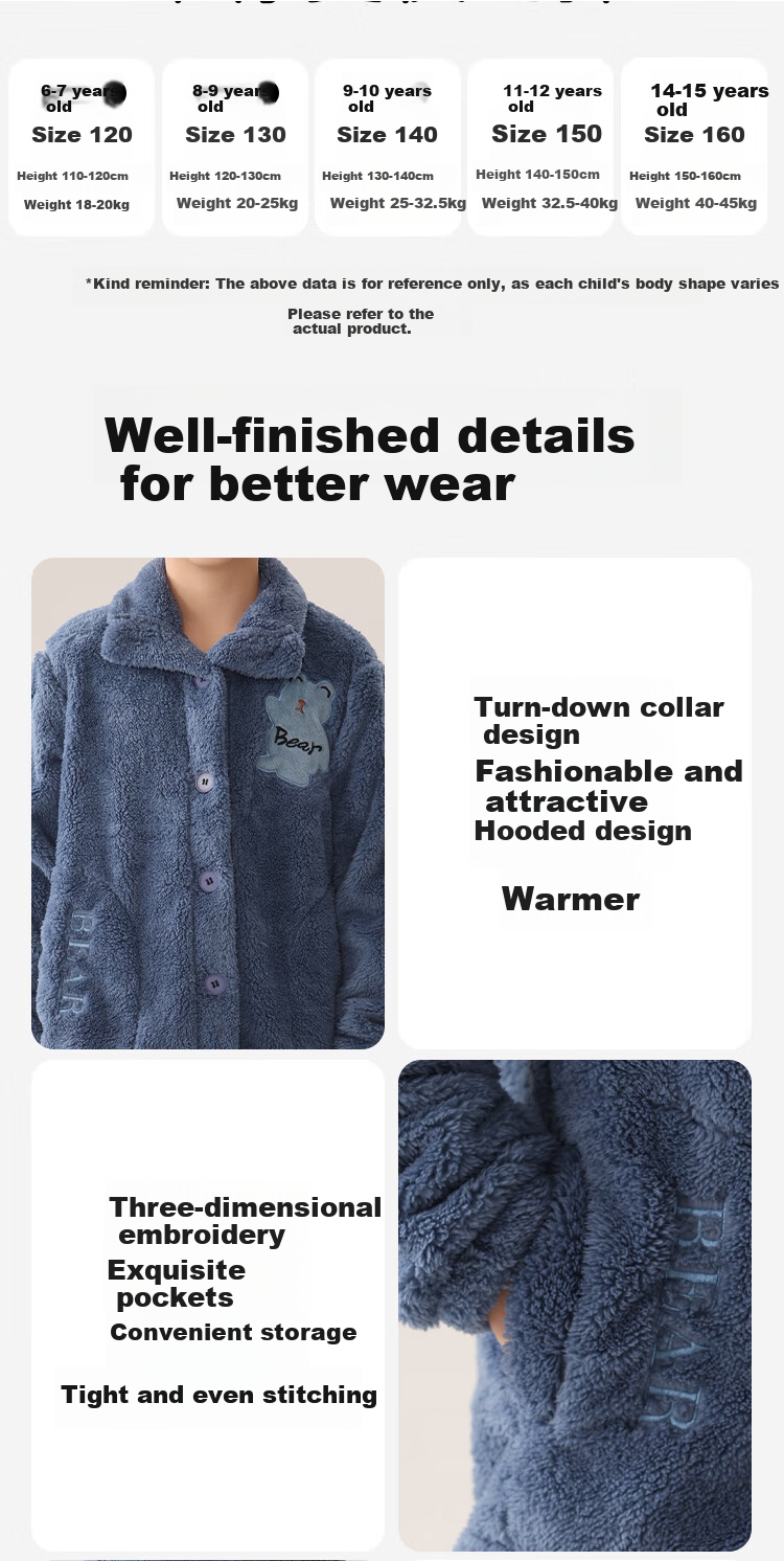 MiiOW Kids Boys Coral Fleece Thickened Flannel Cardigan Autumn Winter Homewear Set 24 New Style 160cm 9
