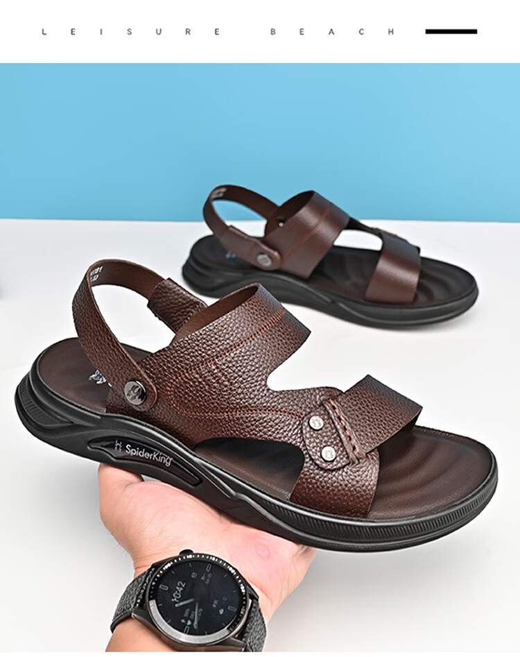 Spider King 2026 Summer New Men's Beach Sandals Genuine Leather Soft Sole Dual-Wear Slippers for Middle-aged and Elderly Dads Black Size 39 17