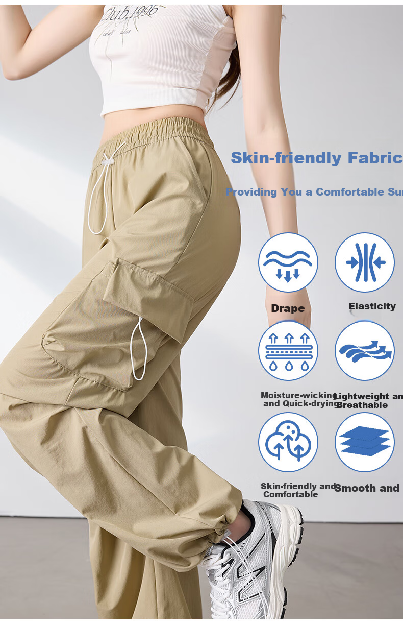 Langsha Women's American Style Parachute Work Pants Spring Summer Thin High Waist Wide Leg Loose Straight Casual Outdoor Sports Pants 7