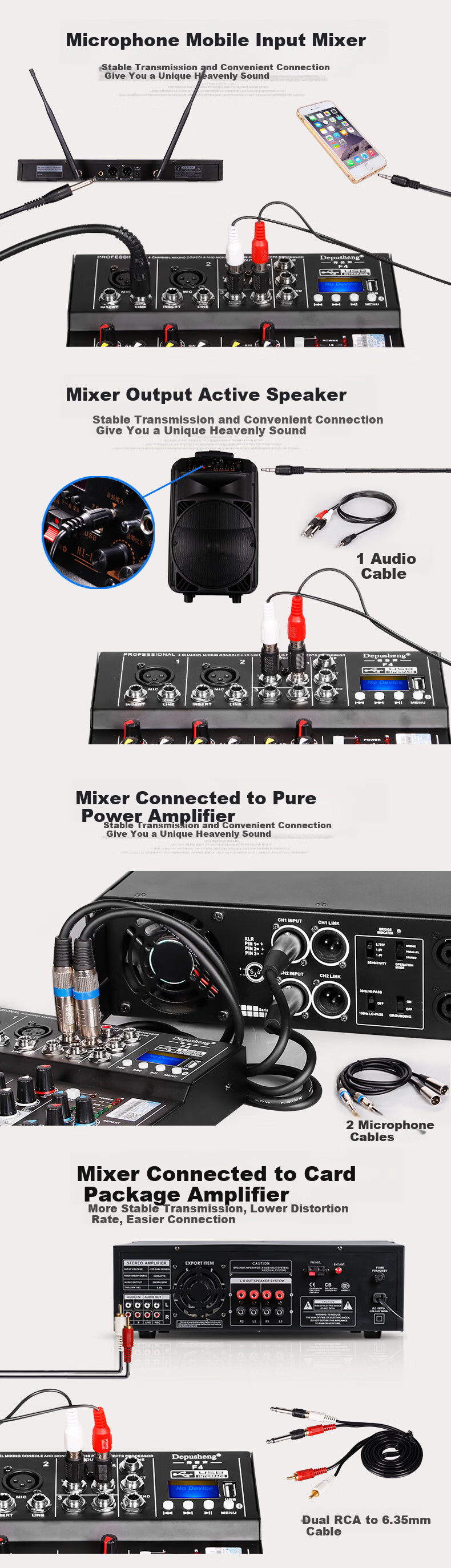 Depusheng Professional 4-Channel Mixer USB Sound Card Bluetooth U Disk Equalizer Reverb Portable F4 for Computer Recording Home KTV Singing Online Video Conference Live Streaming 8