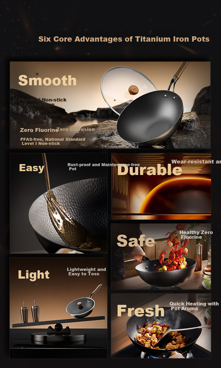 REDCHEF Titanium Iron Non-Stick Wok No Coating Titanium Healthy Hammered Pattern Lightweight Gas and Induction Stove Stir-Fry Pan 4