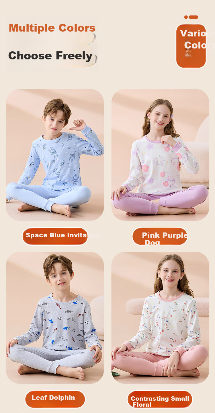 Hodo Children's Thermal Underwear Pure Cotton Girls Comfortable Soft Skin-friendly Antibacterial Mite-proof Long Sleeve Crew Neck Autumn Top and Bottom Set 13