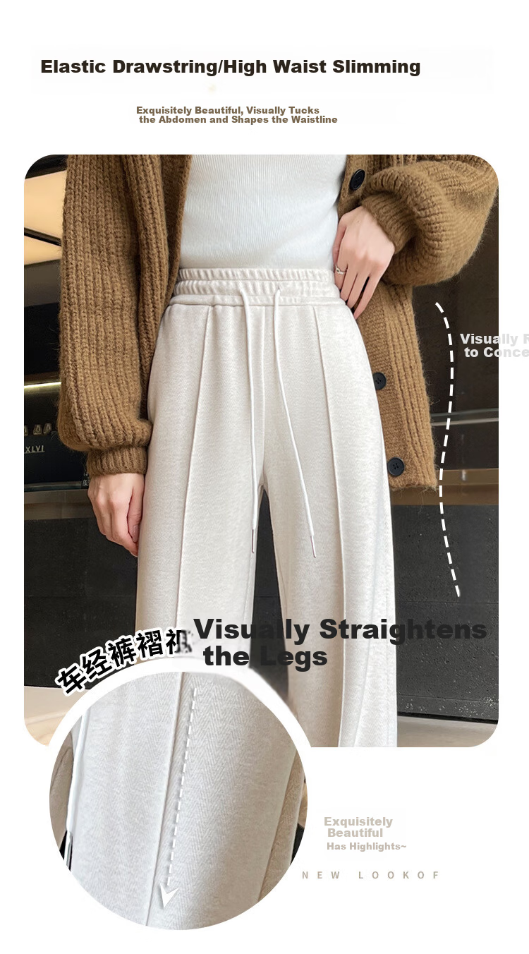Langsha Wool Blend Wide-Leg Pants for Women Spring Autumn 2026 New Fleece-Lined Herringbone High-Waist Relaxed Trousers 6