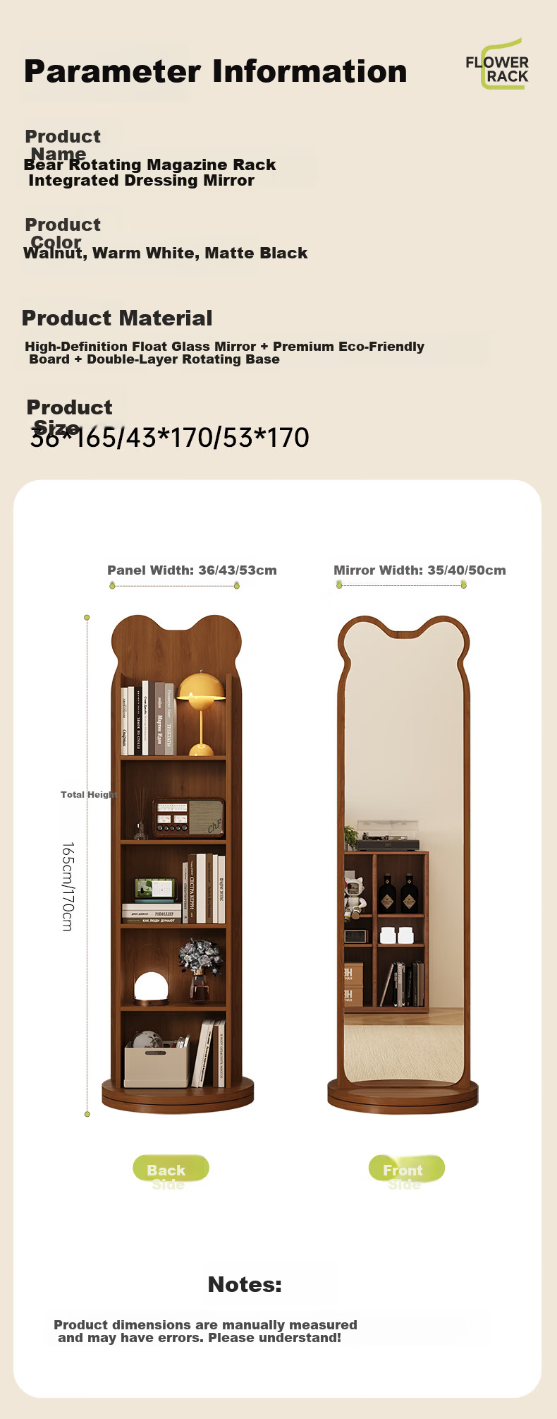 XIAOJIANGCAI Full-Length Floor Mirror with Bookshelf, Rotatable and Mobile Dressing Mirror with Storage, Black, 165*36cm 11