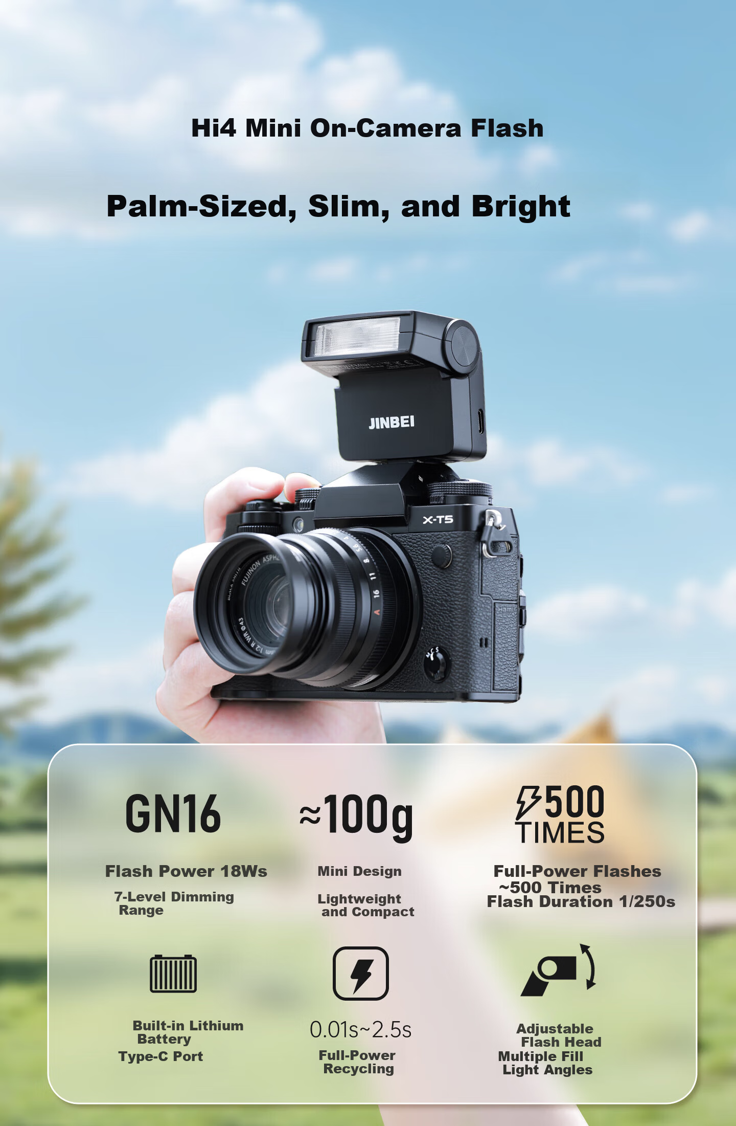 JINBEI HI-4MINI Mini Flash for DSLR And Mirrorless Cameras, Hot Shoe Mount, Portable External Fill Flash, Selfie Light, Compact Universal Photography Light, Lithium Battery Powered 1