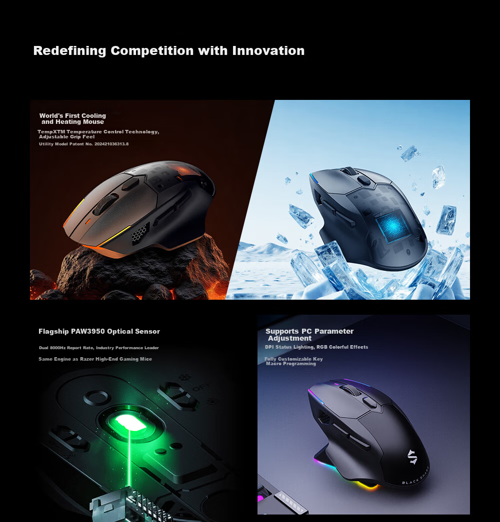 Black Shark Star Flash Heated Gaming Mouse Ergonomic Dual 8K Report Rate Wireless Tri-Mode Right-Handed PUBG/LOL/CSGO Mouse 5