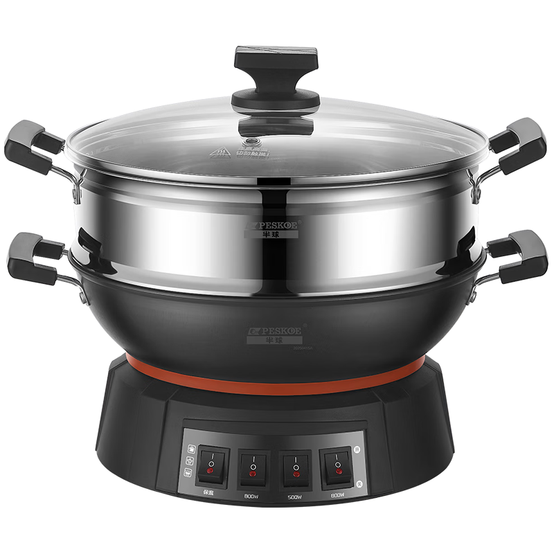PESKOE Multi-Purpose Electric Steamer Pot, Electric Hot Pot, 36CM Wok, Thick Cast Iron Pot Body, Electric Cooking Pot QT1-36 with Steamer Basket