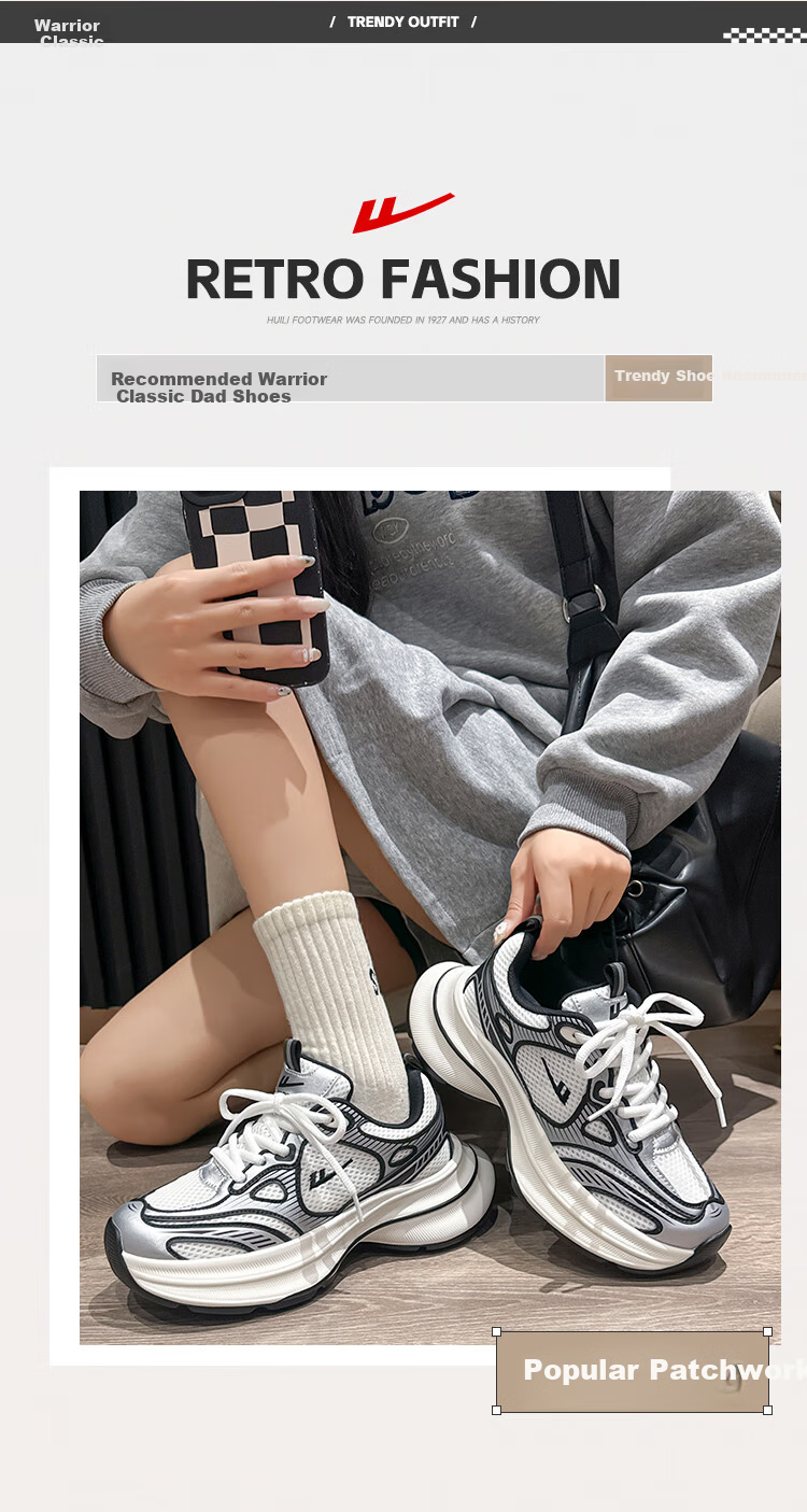 Warrior Women's Dad Sneakers 2026 Summer New Lightweight Thick-Soled Silver White Black Size 40 2