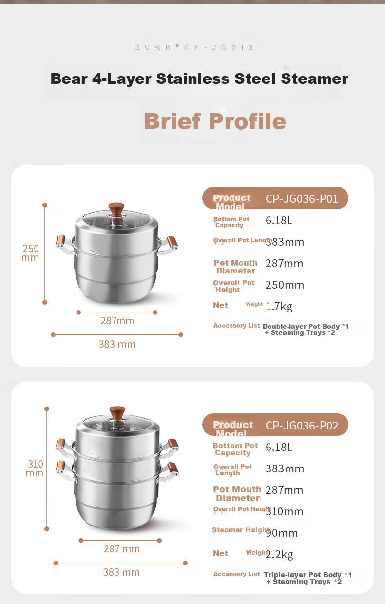 Bear Titanium Ceramic Double-Layer Steamer Large Capacity Soup Pot Household Steaming and Cooking Pot 28cm Gas Stove Compatible JG053-P02 12