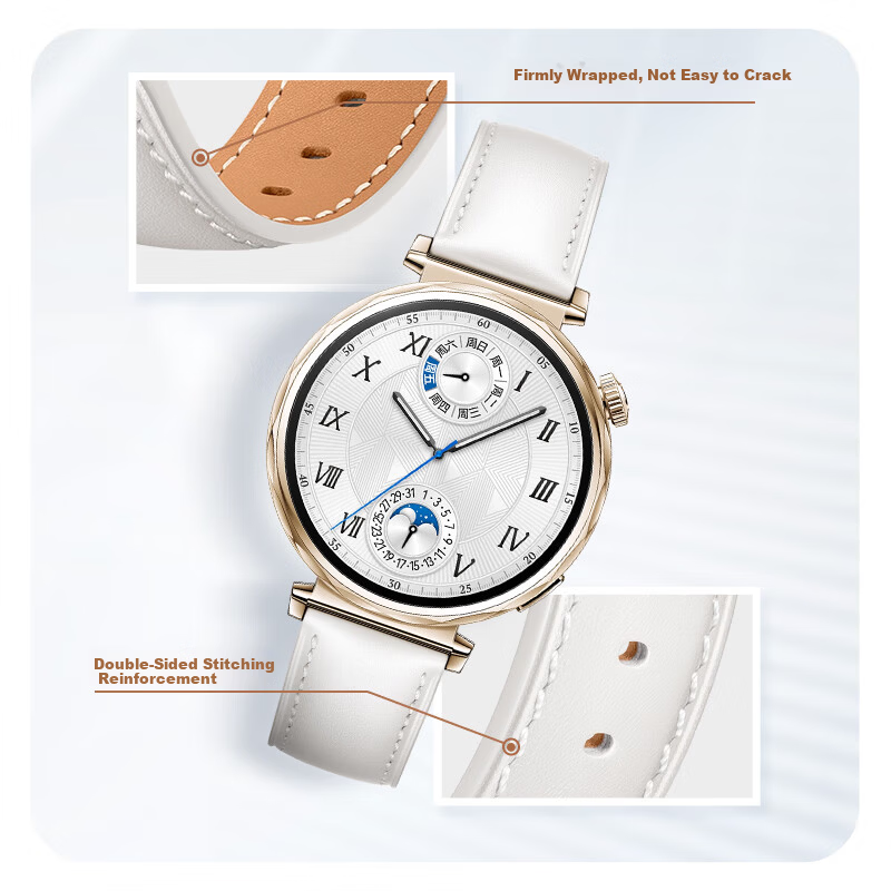 Binghong Genuine Leather Watch Strap for Huawei GT6 GT5 GT6 Pro GT5 Pro Watch Ultimate 2 Watch5 GT4 3-Button Press White 46/22mm