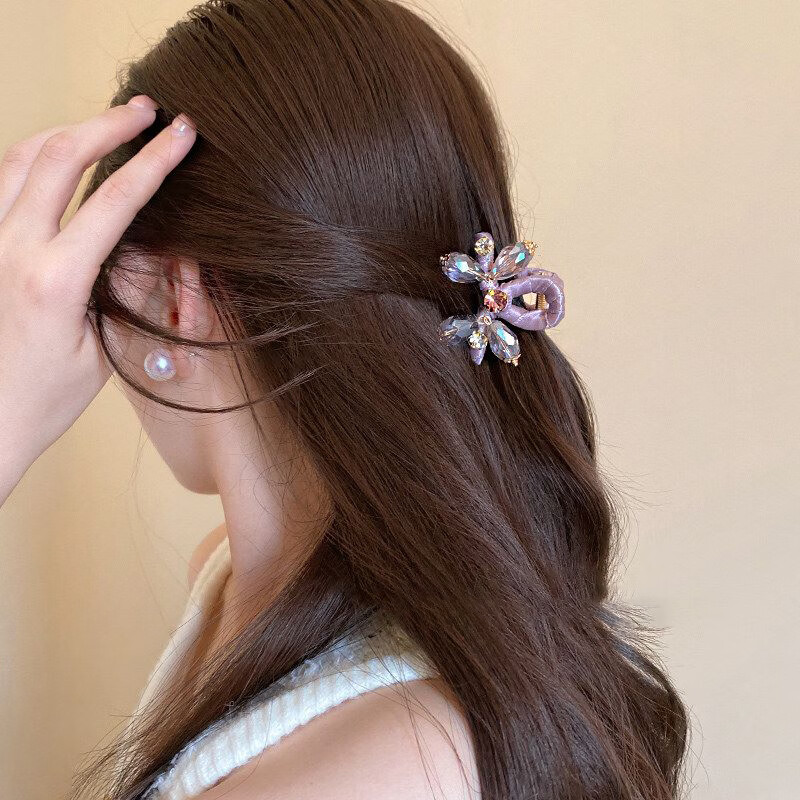 Idair French Style Pink Crystal Small Hair Claw Clip with Exquisite Rhinestones Side Clip Fashionable Half-Up Shark Clip for Women