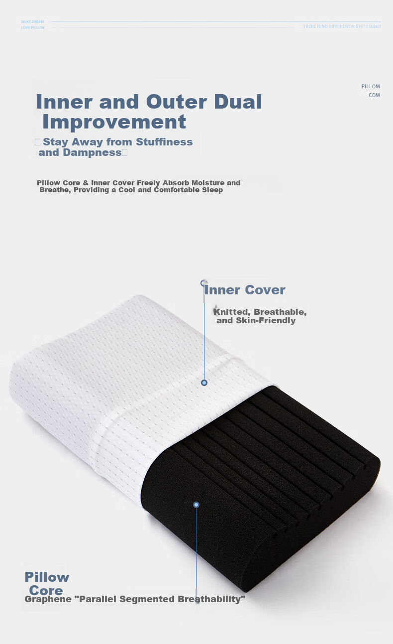 Fuanna Graphene Silicone Pillow Adult Deep Sleep Antibacterial Breathable Cervical Neck Support Pillow Single 56*34*9/12cm 6