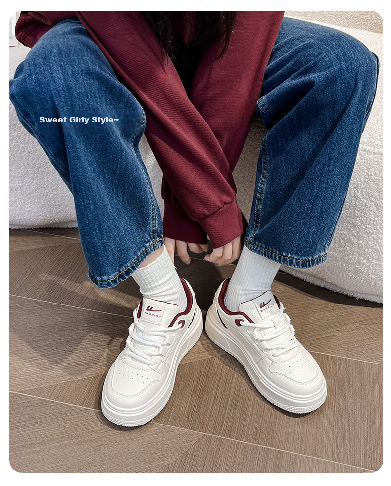 Warrior Official White Sneakers for Women, Spring Low-Top Canvas Shoes, Leather Casual Shoes for Ladies, Beige Red, Size 36 2