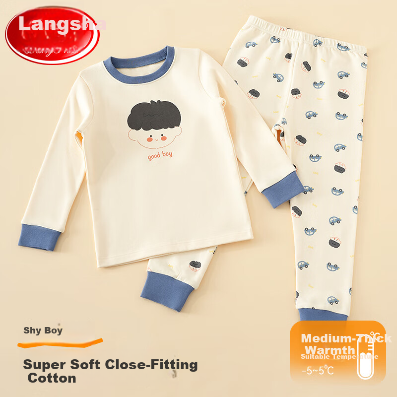 LangSha Kids Pure Cotton Pajama Set Autumn Thermal Underwear Long Sleeve Top and Pants for Boys and Girls, Student Cotton Knit Innerwear, Warm Crew Neck for Fall and Winter