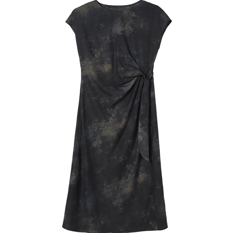 Demana [Tuberose] Summer National Style New Chinese Shoulder-Covered Sleeve Printed Knot Waist Slimming Dress for Women Premium